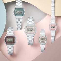 Colección de Casio Vintage unisex plateado y esfera colores pasteles A168WA.