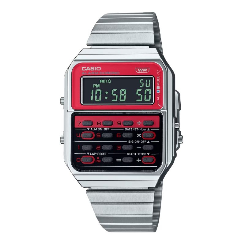 Reloj Casio Edgy calculadora plateado y esfera roja/negra, CA-500WE-4BEF.