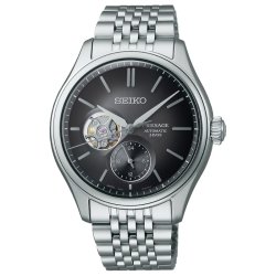 Reloj Seiko Presage automático open heart con esfera gris, SPB471J1.