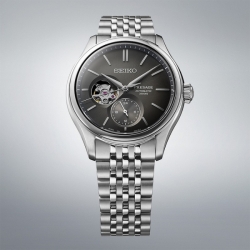 Reloj Seiko Presage automático open heart con esfera gris, SPB471J1.