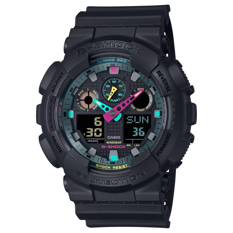 Reloj G-Shock en resina negra y detalles multicolor flúor, GA-100MF-1AER.