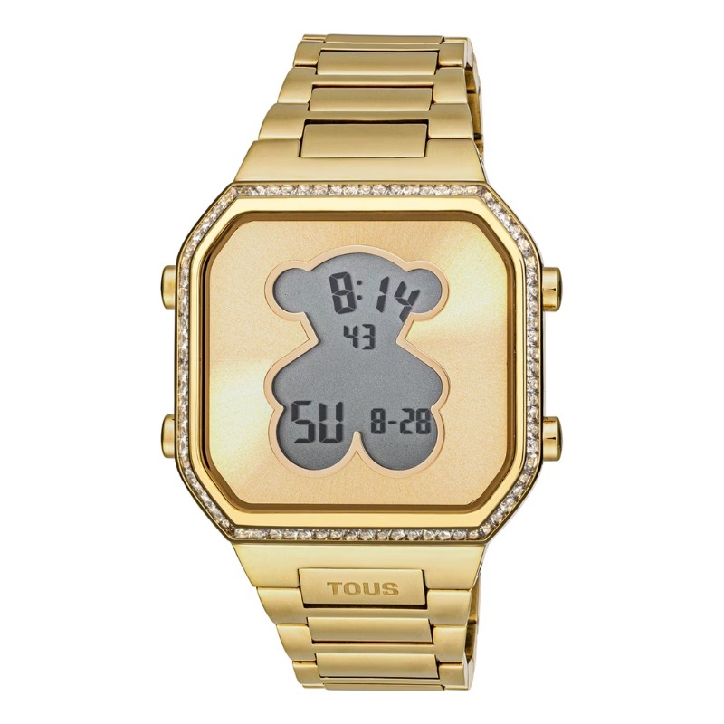 Reloj Tous D-Bear digital de mujer dorado y circonitas en bisel, 3000131300.