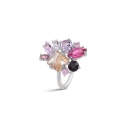 Anillo plateado con cristales de colores tono rosados de Luxenter.