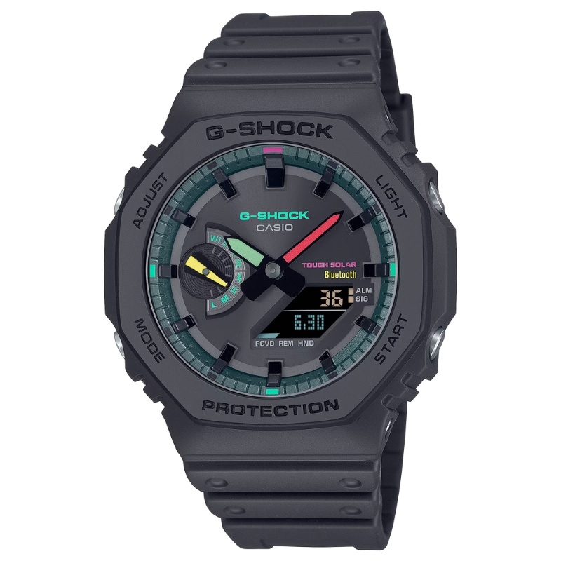 Reloj G-Shock Tough Solar negro y detalles flúor, GA-B2100MF-1AER.