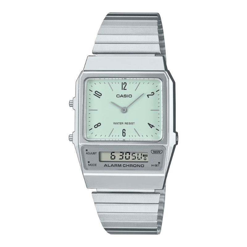 Reloj Casio Vintage plateado, doble pantalla y esfera verde, AQ-800E-3AEF.