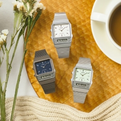 Reloj Casio plateado, doble pantalla y esfera verde, AQ-800E-3AEF.