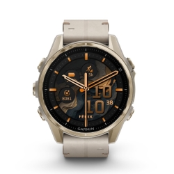 Reloj Garmin fēnix® 8 pantalla Amoled zafiro caja dorada 43 mm y doble correa, 010-02903-40.