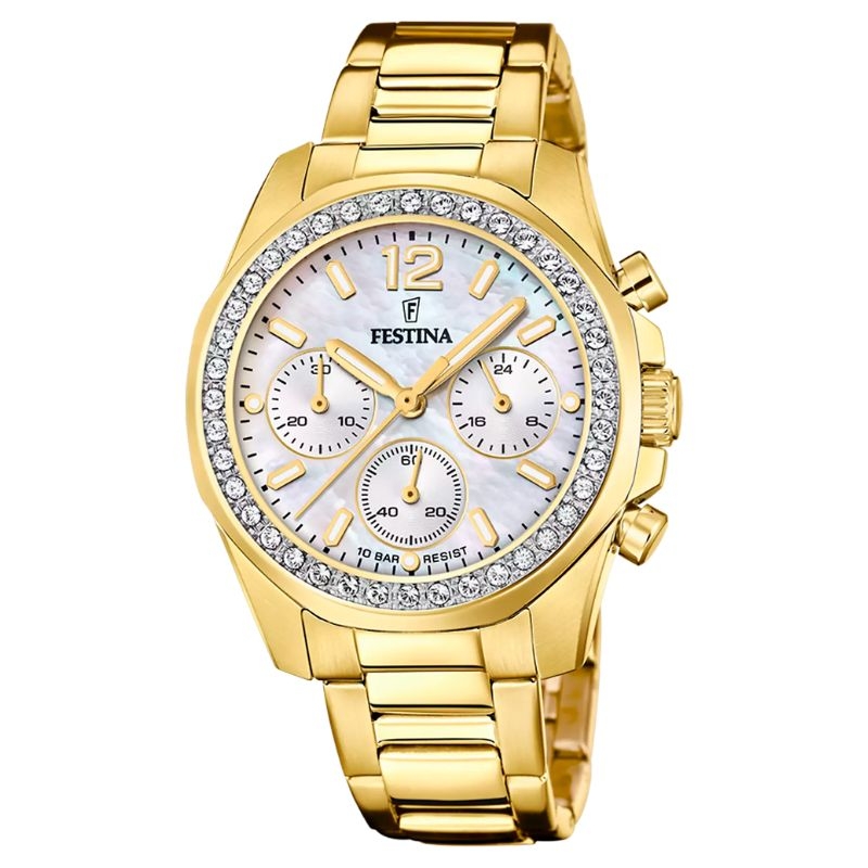 Reloj Festina Rainbow dorado con esfera nácar y circonitas, F20609/1.