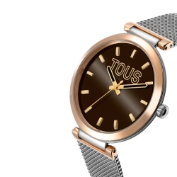 Reloj Tous S-Mesh bicolor rosé y esfera marrón espejo, 3000142500.