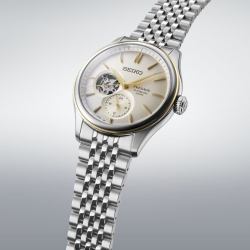 Reloj Seiko Presage automático open heart con esfera dorada, SPB480J1.