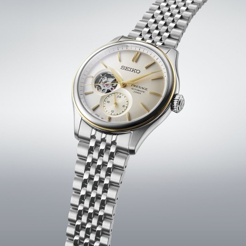 Reloj Seiko Presage automático open heart con esfera dorada, SPB480J1.
