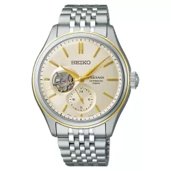 Reloj Seiko Presage automático open heart con esfera dorada, SPB480J1.