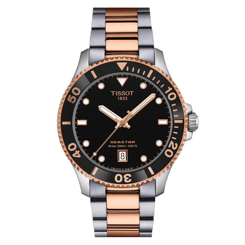Reloj Tissot Seastar 1000 acero bicolor rosé esfera negra, T1204102205101.