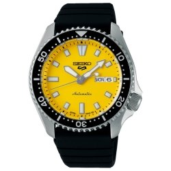 Reloj Seiko 5 Sports SKX con esfera amarilla y correa negra, SRPL87K1.
