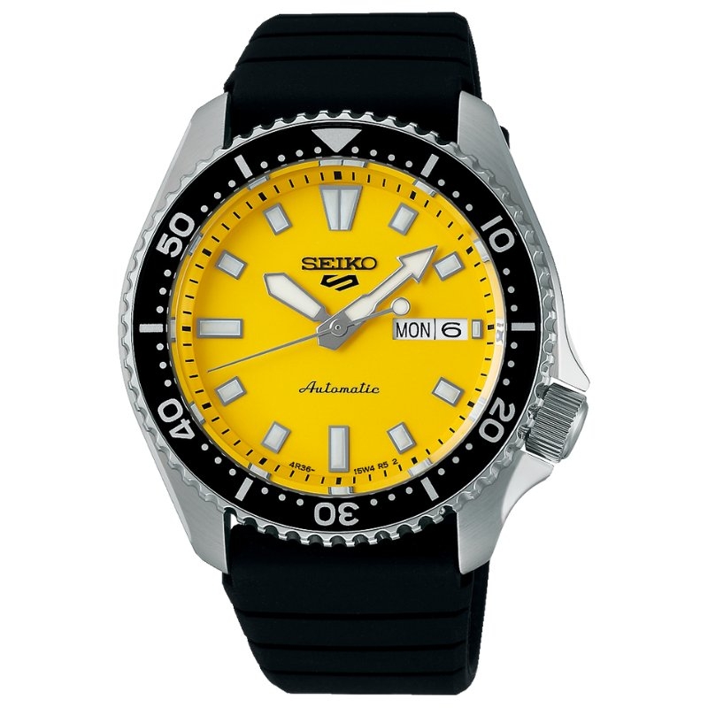 Reloj Seiko 5 Sports SKX con esfera amarilla y correa negra, SRPL87K1.