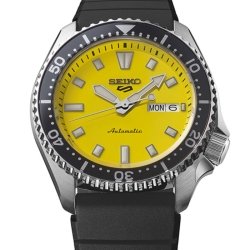 Reloj Seiko 5 Sports SKX con esfera amarilla y correa negra, SRPL87K1.