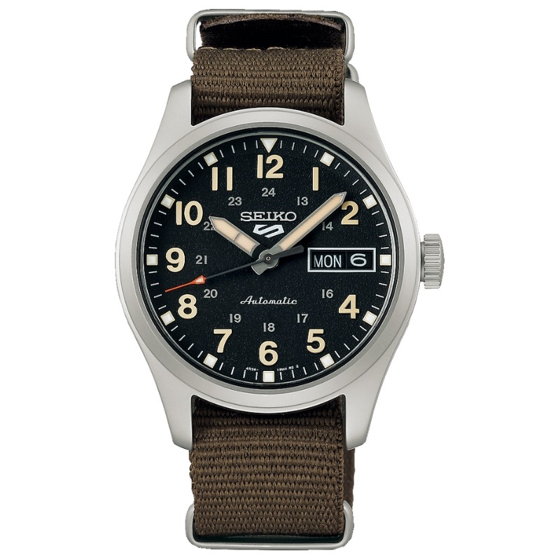 Reloj Seiko 5 Sports automático correa NATO verde kaki, 36 mm, SRPJ85K1.