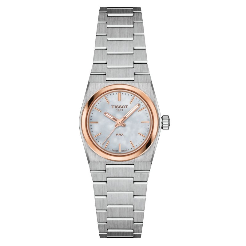 Reloj Tissot PRX 25 mm, esfera nácar y detalles rosé, T1370102111100.