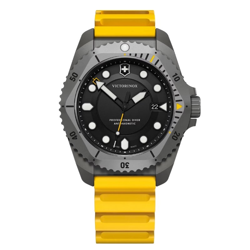 Reloj Victorinox Dive Pro cuarzo, en negro con correa amarilla, V241992