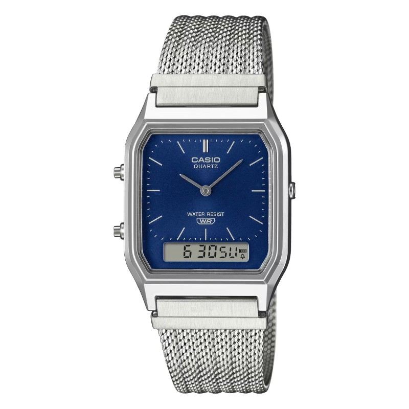 Reloj Casio Edgy plateado digital/analógico esfera azul, AQ-230EM-2AEF.