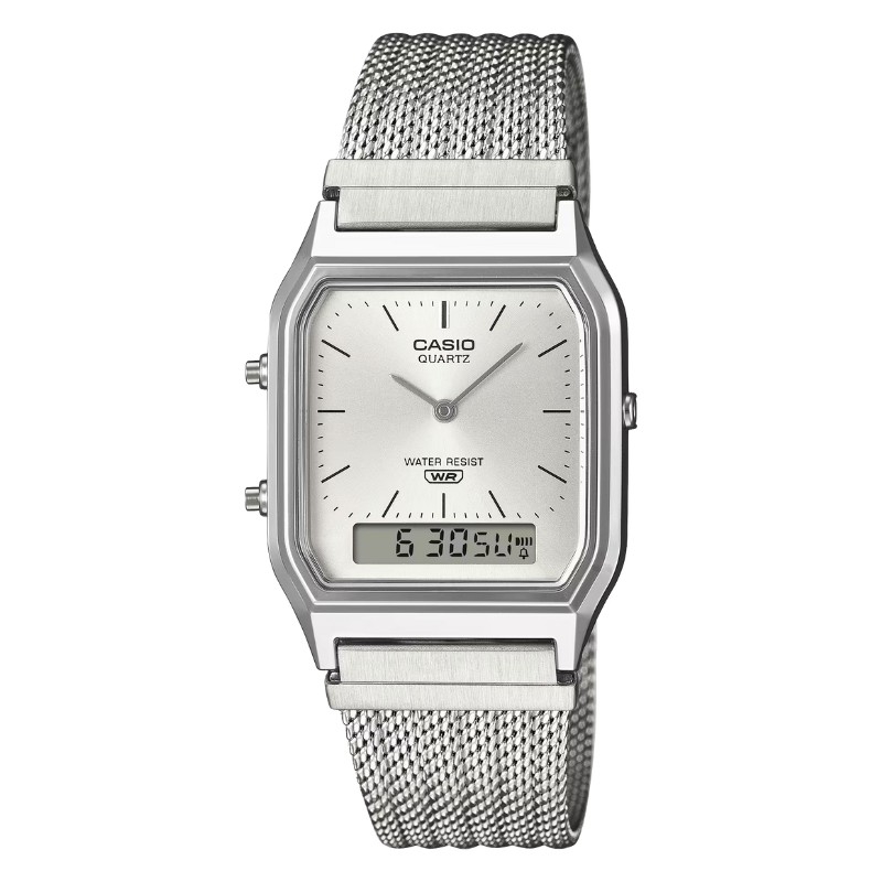 Reloj Casio Edgy plateado digital/analógico con malla, AQ-230EM-7AEF.