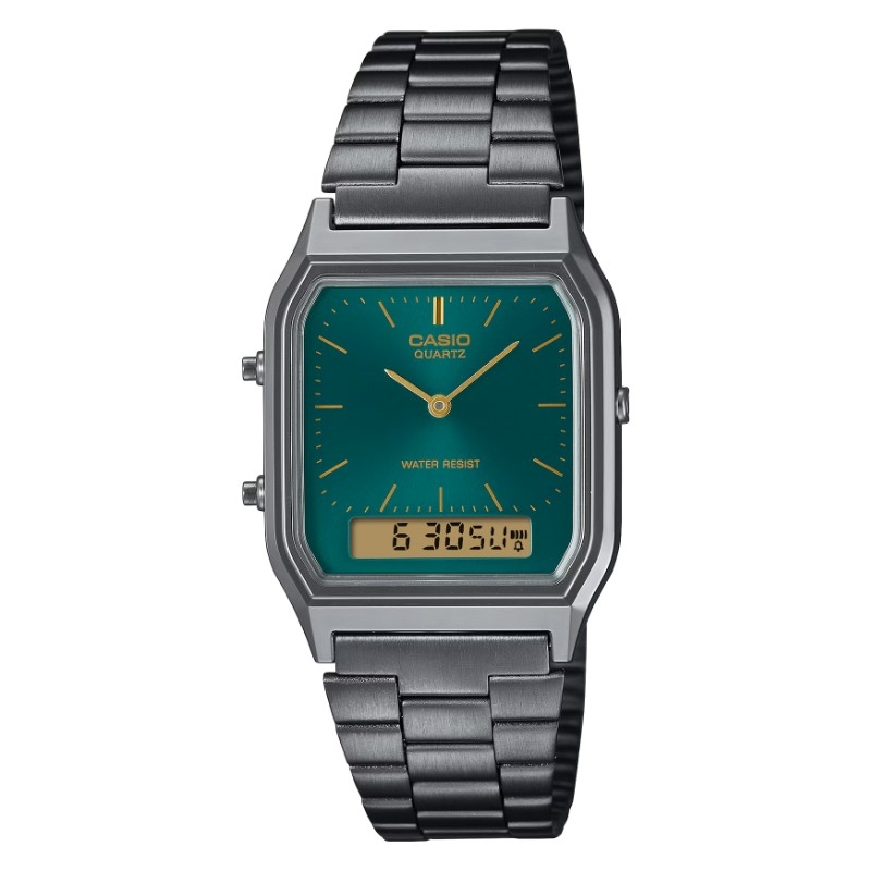 Reloj Casio Edgy gris, esfera verde y detalles dorados, AQ-230EGG-3AEF.