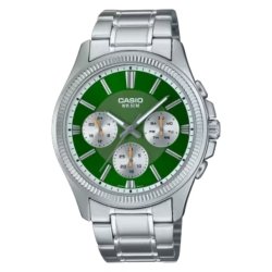 Reloj Casio plateado, multifunción y esfera verde, MTP-1375PD-3AVEF.