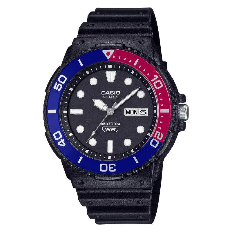 Reloj Casio analógico en negro y bisel rojo-azul, MRW-230H-1E2VEF.