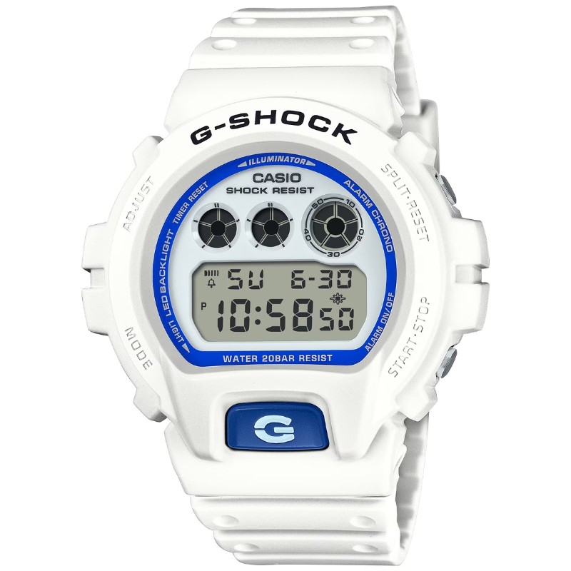 Reloj G-Shock digital en blanco con detalles en azul, DW-6900HDS-7ER.