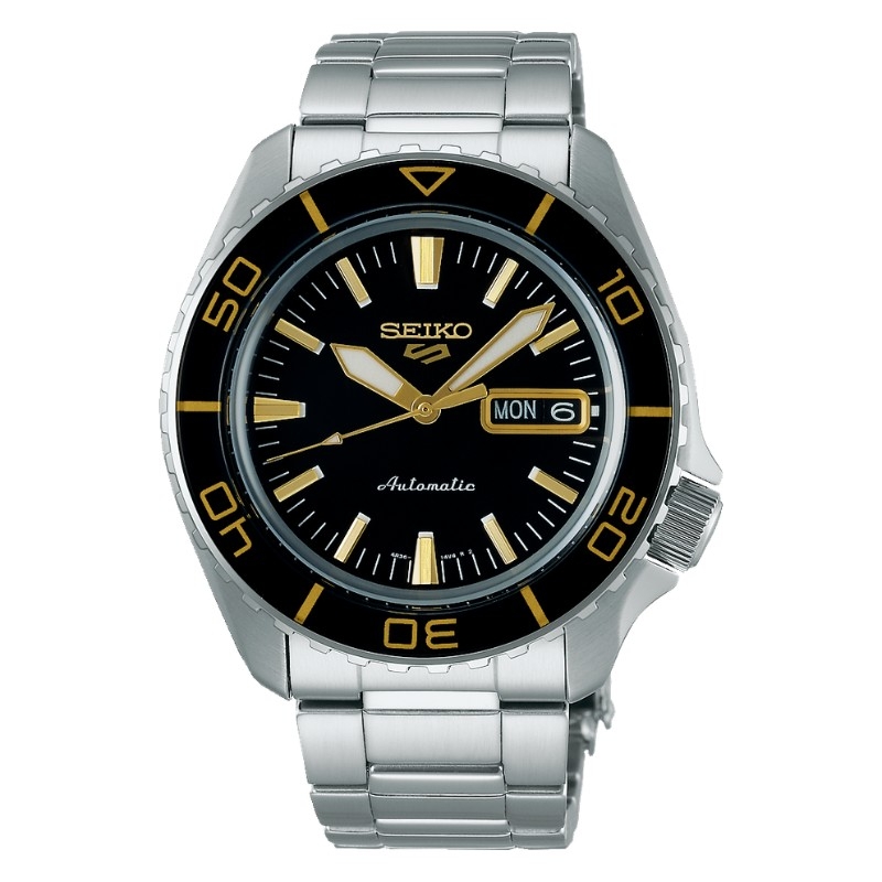 Reloj Seiko 5 Sports SKX  esfera negra y detalles dorados, SRPK99K1.