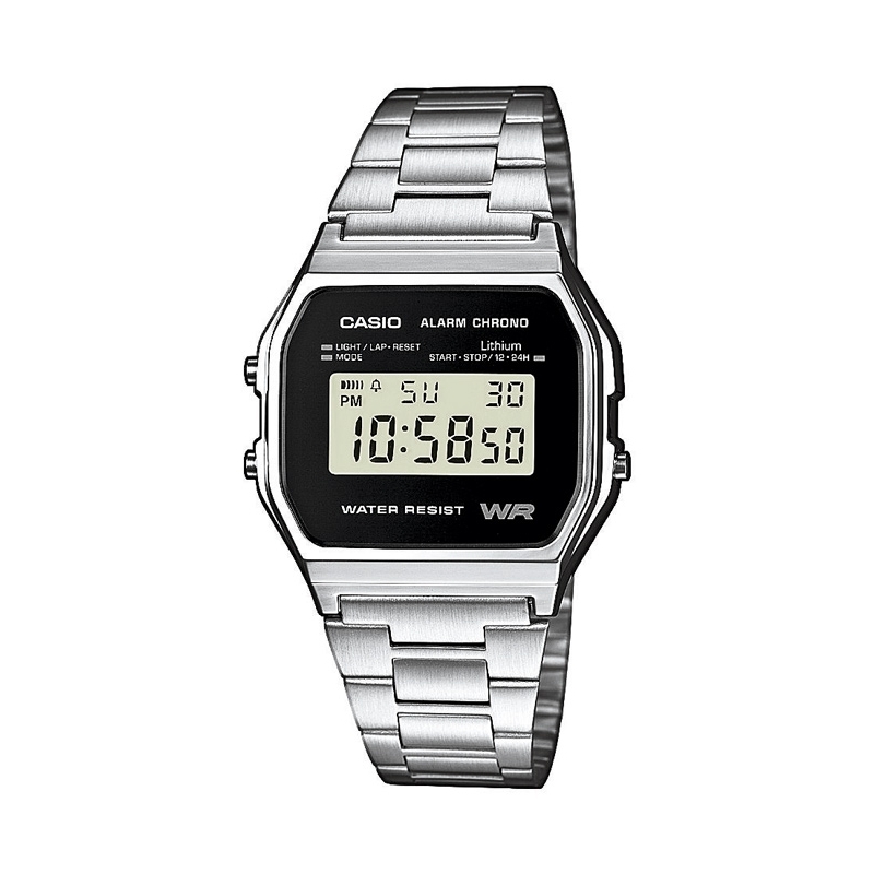 Reloj Casio Retro Collection, digital plateado con pantalla negra A158WEA-1EF