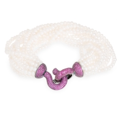 Pulsera de perlas blancas en varios hilos, con cierre en plata chapada en negro, con circonitas rosas, "Fremont" de Luxenter.
