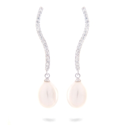 Pendientes largos de plata rodiada con circonitas y perlas, "Essential" de Luxenter.