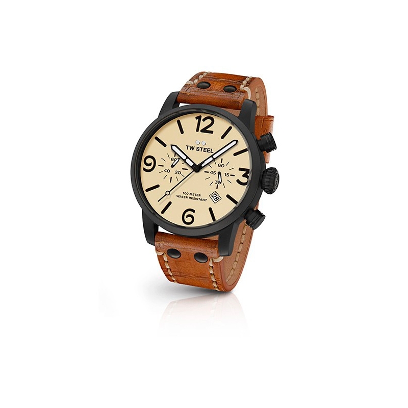 Reloj Tw Steel para hombre "Maverick" en 45mm. de caja, con cronógrafo y correa marrón MS43