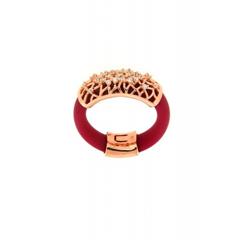 Anillo de caucho rojo con plata dorada en oro rosa y circonitas, de Terero.