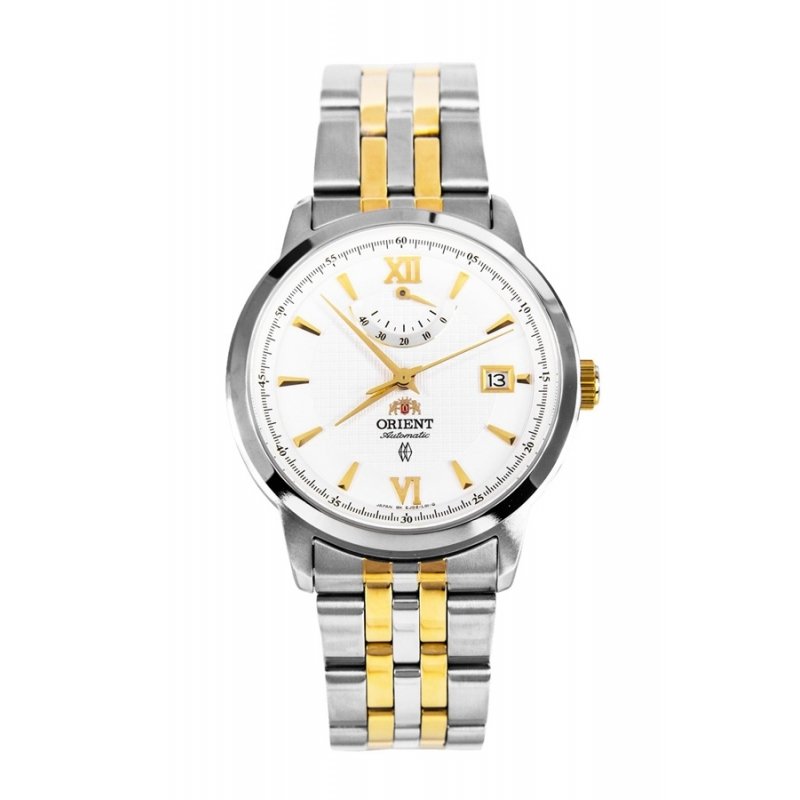 casete Península Palabra Reloj Orient automático para caballero, en acero bicolor con reserva de  marcha, EJ02001W.
