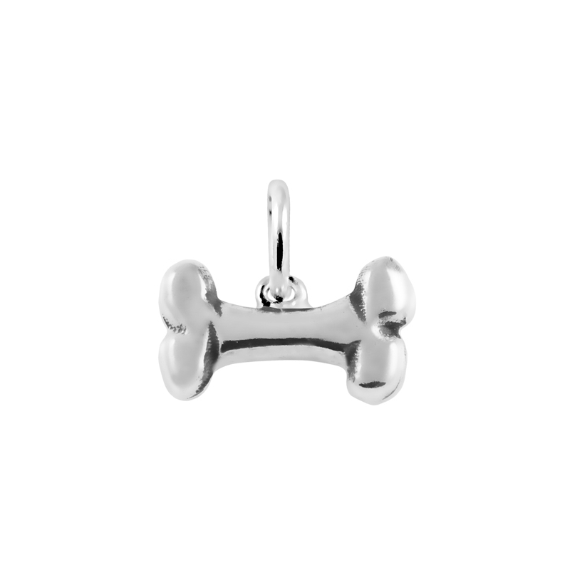 Colgante en plata, con forma de hueso para perro, de Joyería Hago.