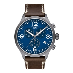Reloj Tissot "Chrono XL" de hombre, con cronómetro, caja gris, esfera azul y correa marrón T1166173604700.