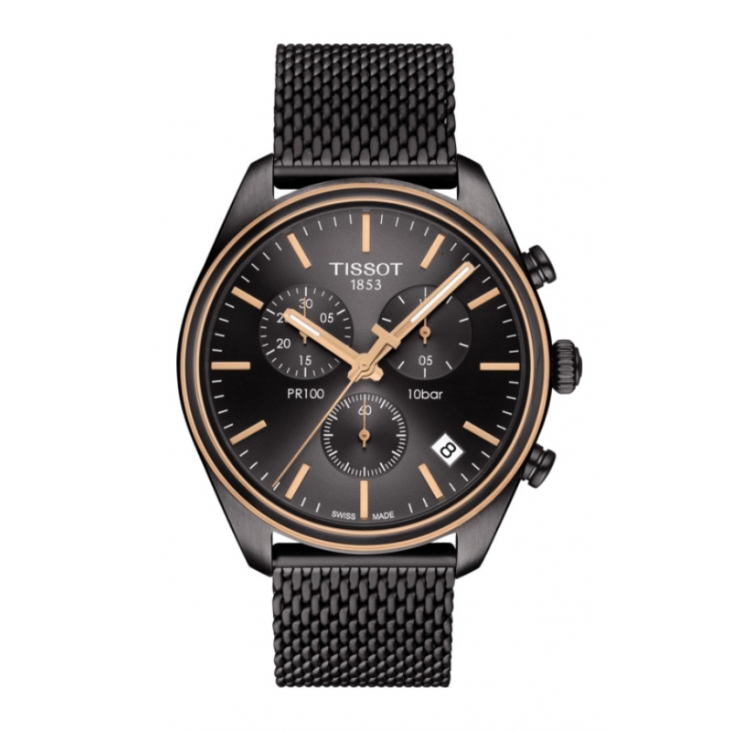 Reloj Tissot PR100 para hombre, chapado en negro, con gronógrafo y correa de malla, T1014172306100.