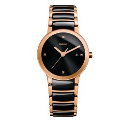 Reloj Rado Centrix para mujer, en cerámica negra, dorado y diamantes, R30555712.