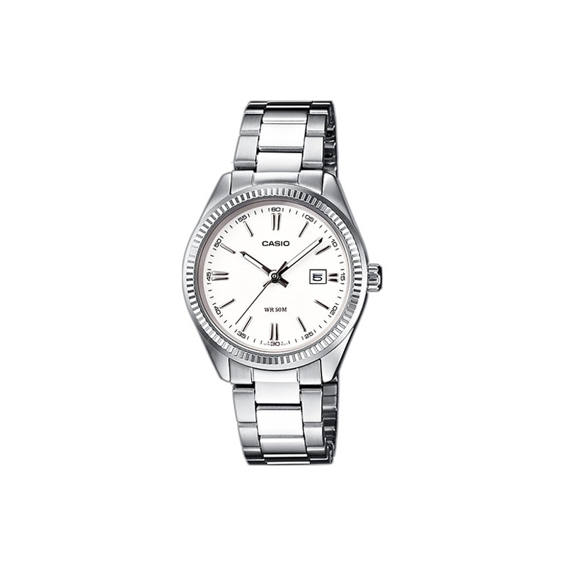 Reloj Casio de mujer plateado, de estilo clásico y esfera blanca, ref. LTP-1302PD-7A1VEF.