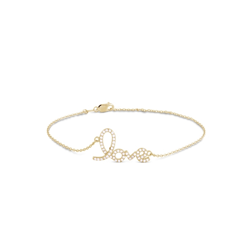 Pulsera fina de plata dorada en oro, con palabra "Love" y cironitas, "Ashiki" de Luxenter.