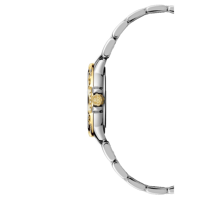 Detalle de la corona del Raymond Weil Tango de mujer, bicolor con nácar y diamantes, ref. 5960-SPS-00995.