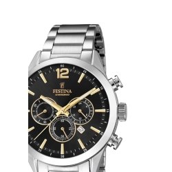 Detalles de la esfera Festina F20343/4 de hombre, en acero, esfera negra y detalles dorados.