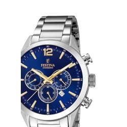 Detalle de la esfera y caja del reloj Festina F20343/2 de caballero, en acero, esfera azul y detalles dorados.