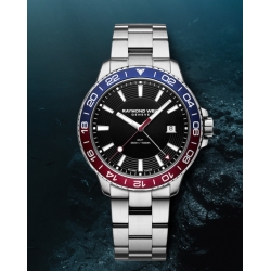 Reloj Raymond Weil Tango 8280-ST3-20001 de hombre, Diver 300m, GMT, en acero con bisel azul rojo.