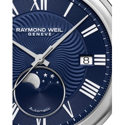 RAYMOND WEIL Maestro - Reloj automático para hombre, funciones de fase  lunar, rueda de equilibrio visible, esfera plateada, números romanos, acero