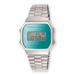 Reloj Casio A168WEM-2EF en plateado con esfera turquesa, digital de la Retro Collection.