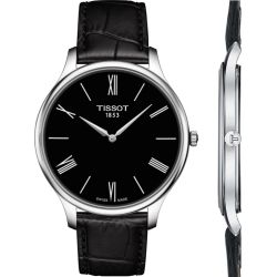 Reloj y perfil del Tissot T0634091605800 Tradition 5.5 de hombre extraplano, en negro.