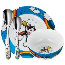 Juego de cubiertos infantiles WMF con vajilla de porcelana, Unicornio, de 6 piezas, 1286059964.